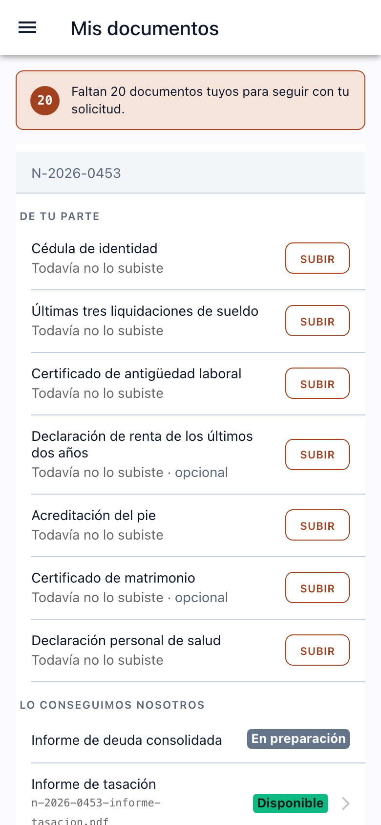 La aplicación en documentos: el aviso de los documentos que faltan y la lista con un botón de subir por fila.